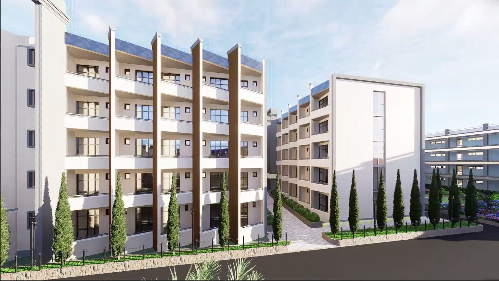 Exterior view of modern dormitory buildings at Bright Future Children's Village