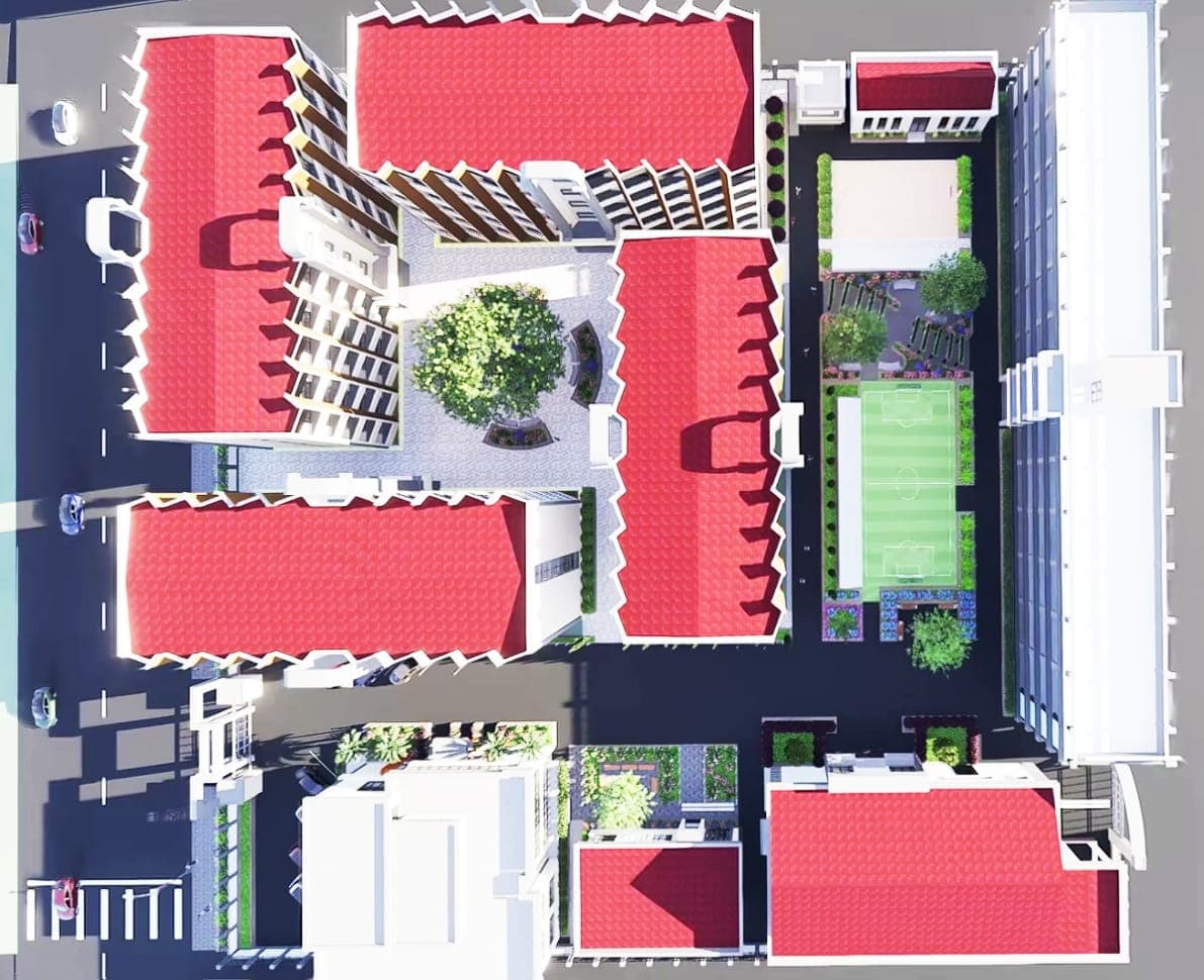 Master plan of the academy with dormitories, courtyard, and sports field